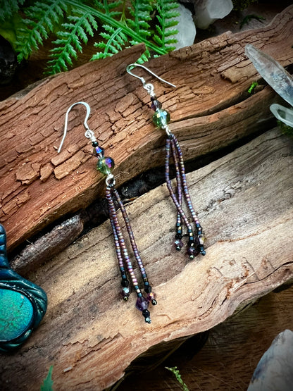 Mystical seed bead fringe earrings with iridescent crystal tops