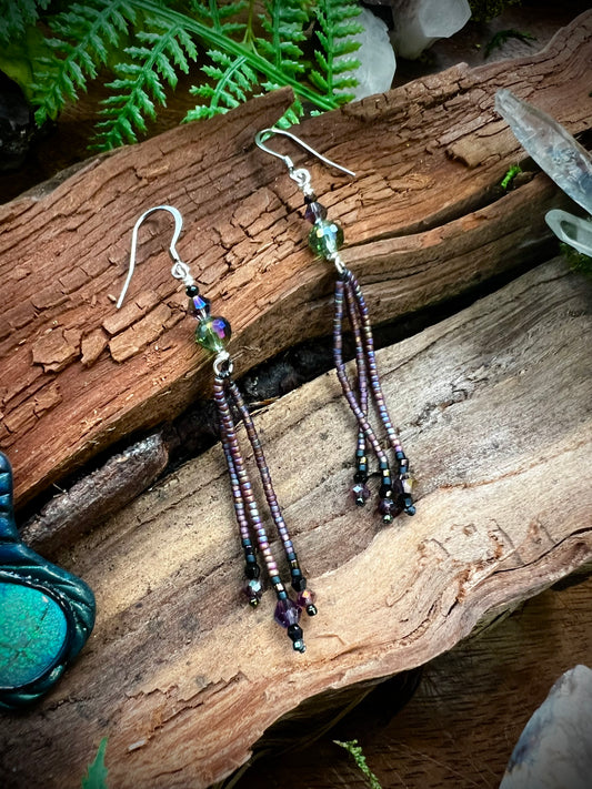 Mystical seed bead fringe earrings with iridescent crystal tops