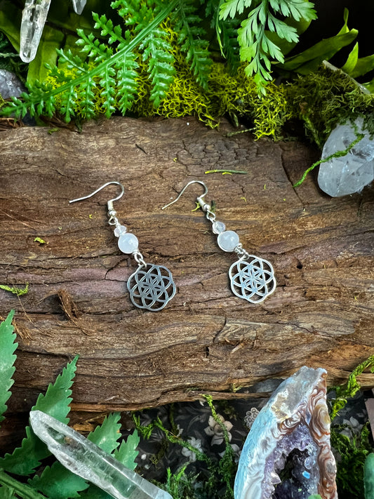 Rose Quartz and Clear Quartz earrings with stainless steel Flower of Life char