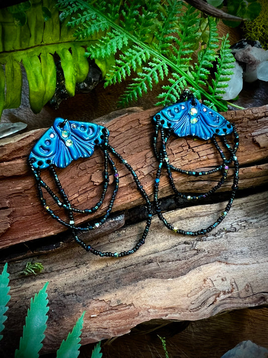 Woodland moth earrings with cascading seed bead drapes and iridescent crystals