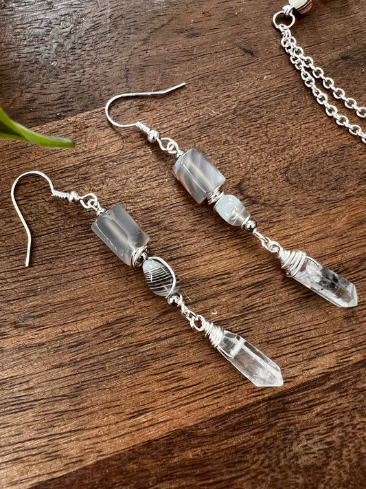 Botswana Agate and Tibetan Quartz Dangle Earrings