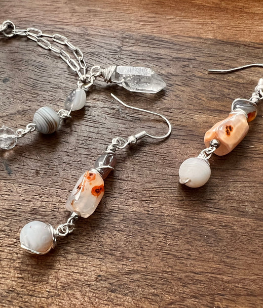 Botswana Agate and Tibetan Quartz Dangle Earrings