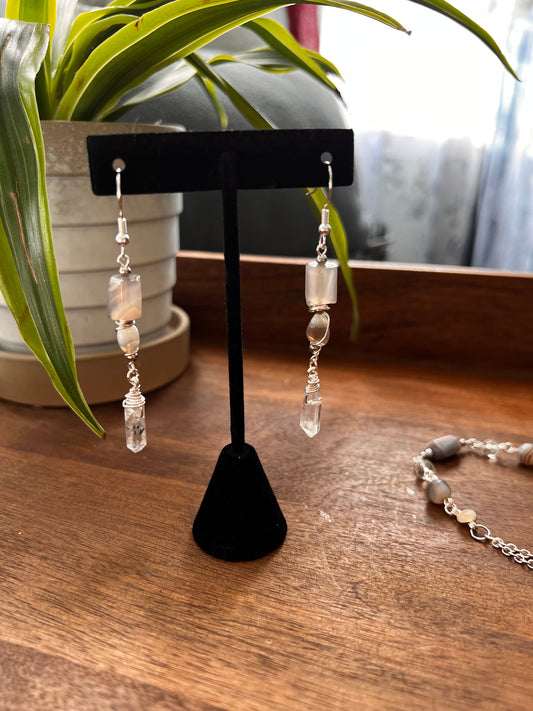 Botswana Agate and Tibetan Quartz Dangle Earrings