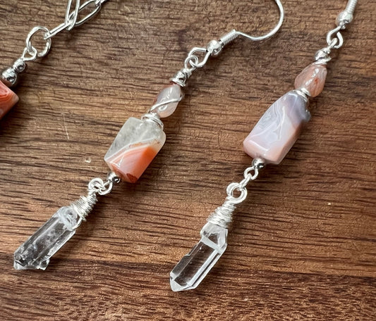 Sunset Botswana Agate and Tibetan Quartz Dangle Earrings