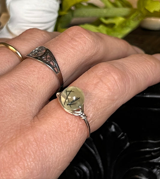 Rutilated Prehnite Wire Wrapped Ring