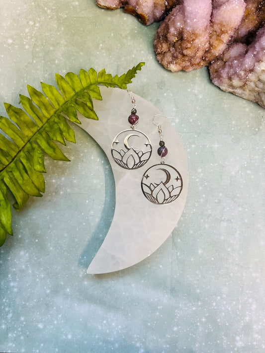 “Ocean jasper gemstone earrings with silver lotus and crescent moon charms”