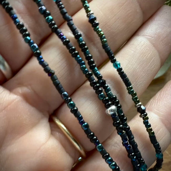 Group shot of 4 Moonlit Dreams Seed Bead Necklaces – dainty layering strands with aurora crystals