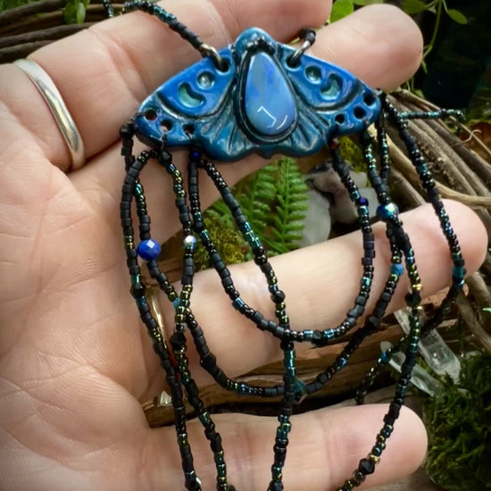 Woodland moth necklace with Australian opal centerpiece and seed bead cascades