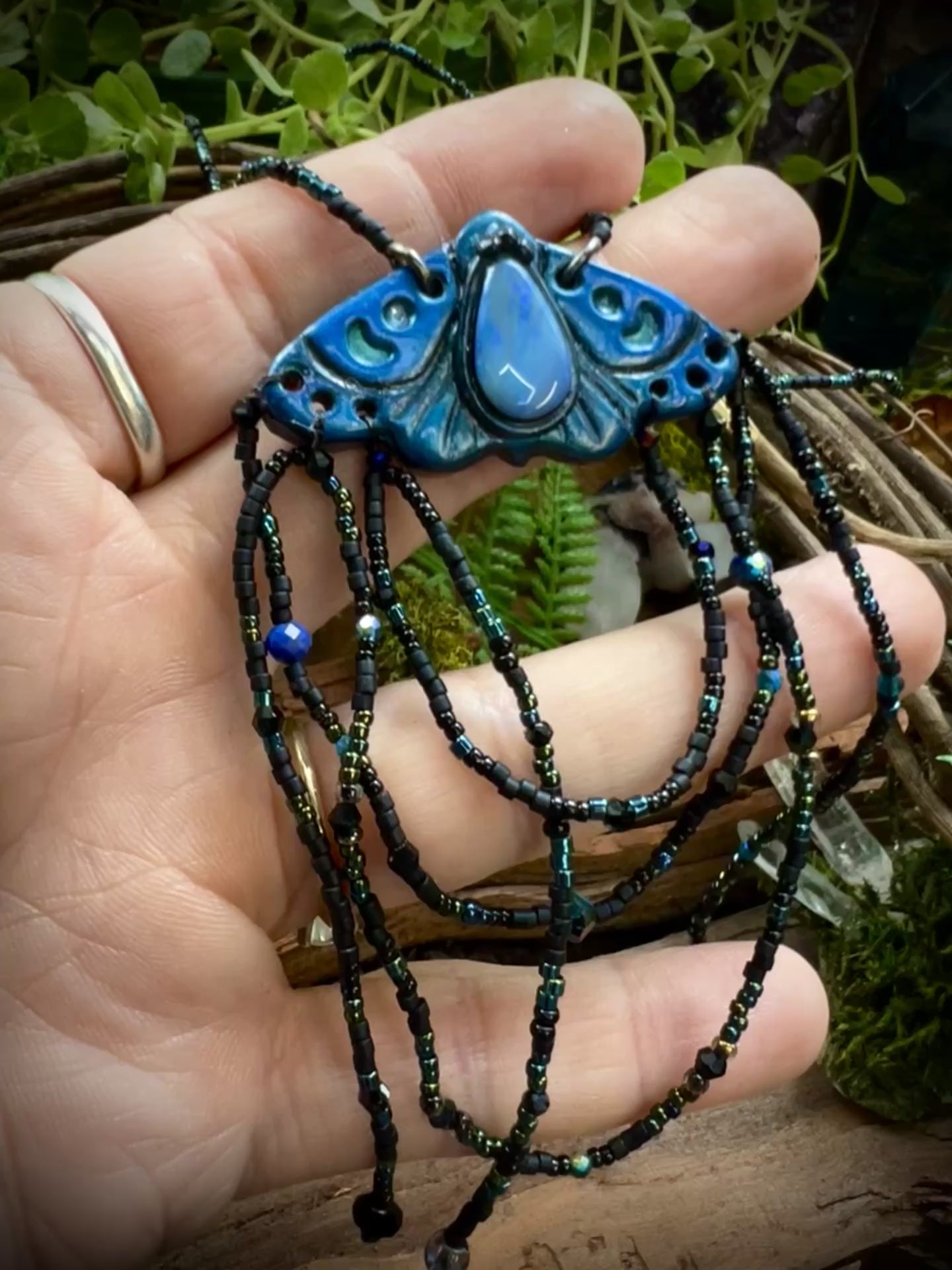Woodland moth necklace with Australian opal centerpiece and seed bead cascades