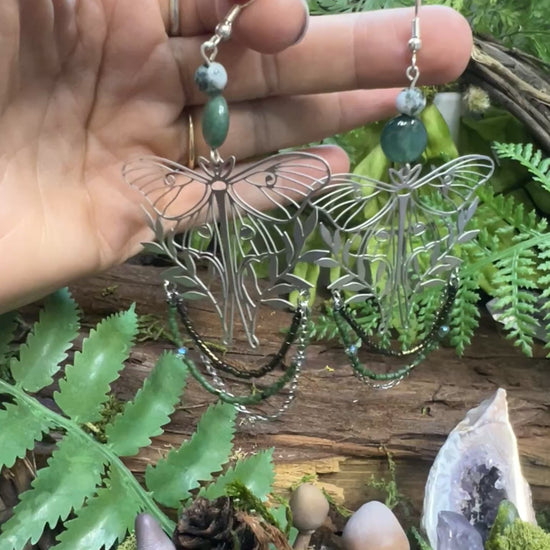 Bold yet elegant moss agate earrings with forest-inspired moth and chain details