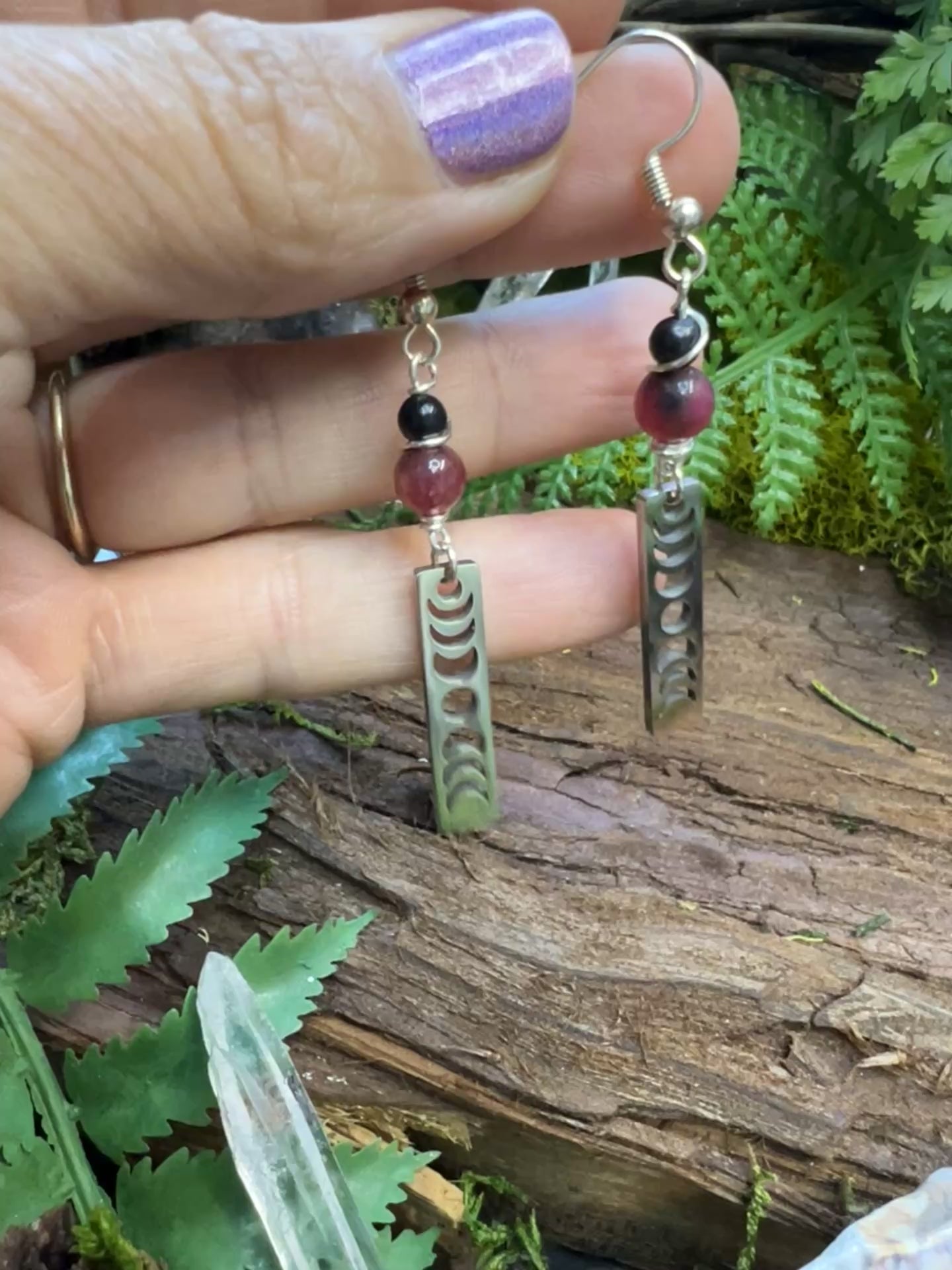 Shielding and grounding crystal earrings featuring dyed jade, obsidian, and moon phases