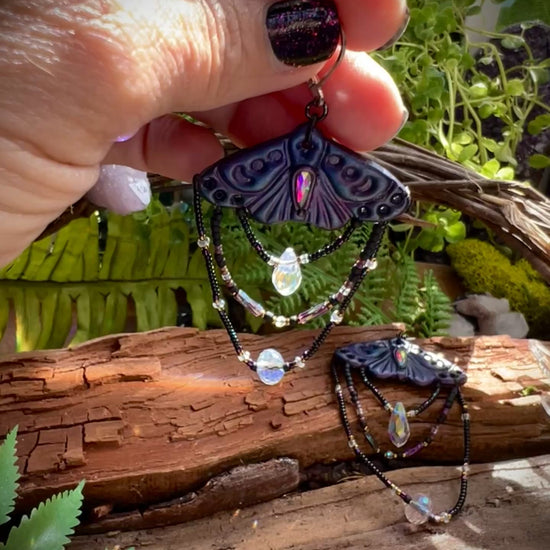 Mystical moth earrings with crescent moon wing details and shimmering beads