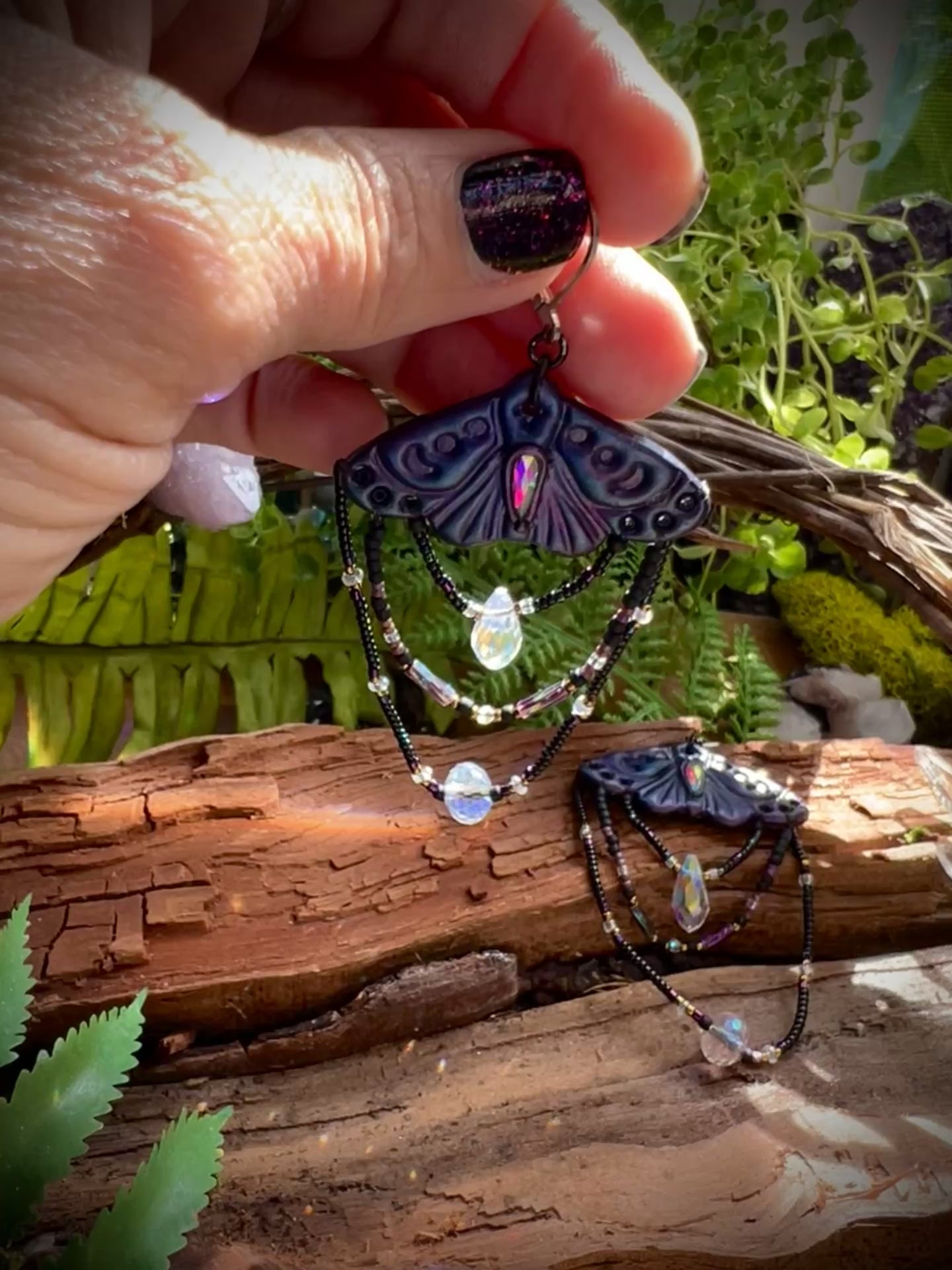 Mystical moth earrings with crescent moon wing details and shimmering beads