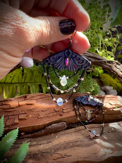 Mystical moth earrings with crescent moon wing details and shimmering beads