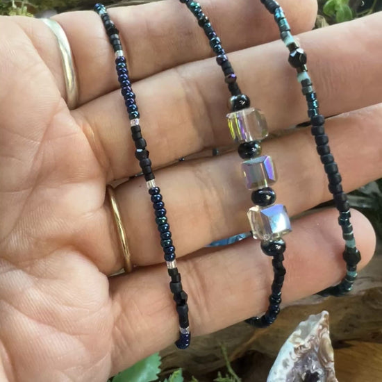 Patterned aurora seed bead stretch bracelets with crystal accents
