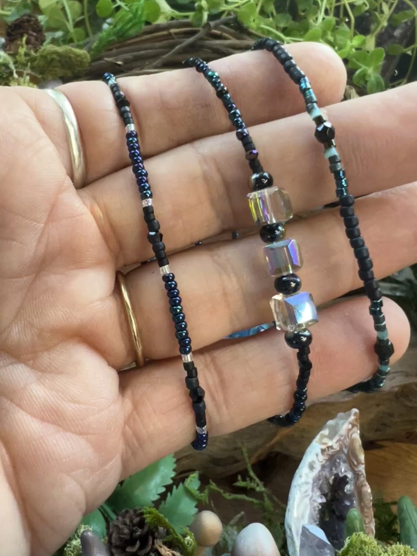 Patterned aurora seed bead stretch bracelets with crystal accents