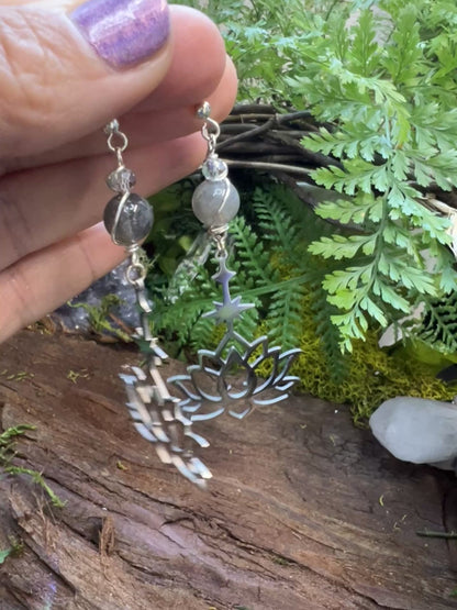 Spiritual transformation earrings with healing stones and lotus symbolism