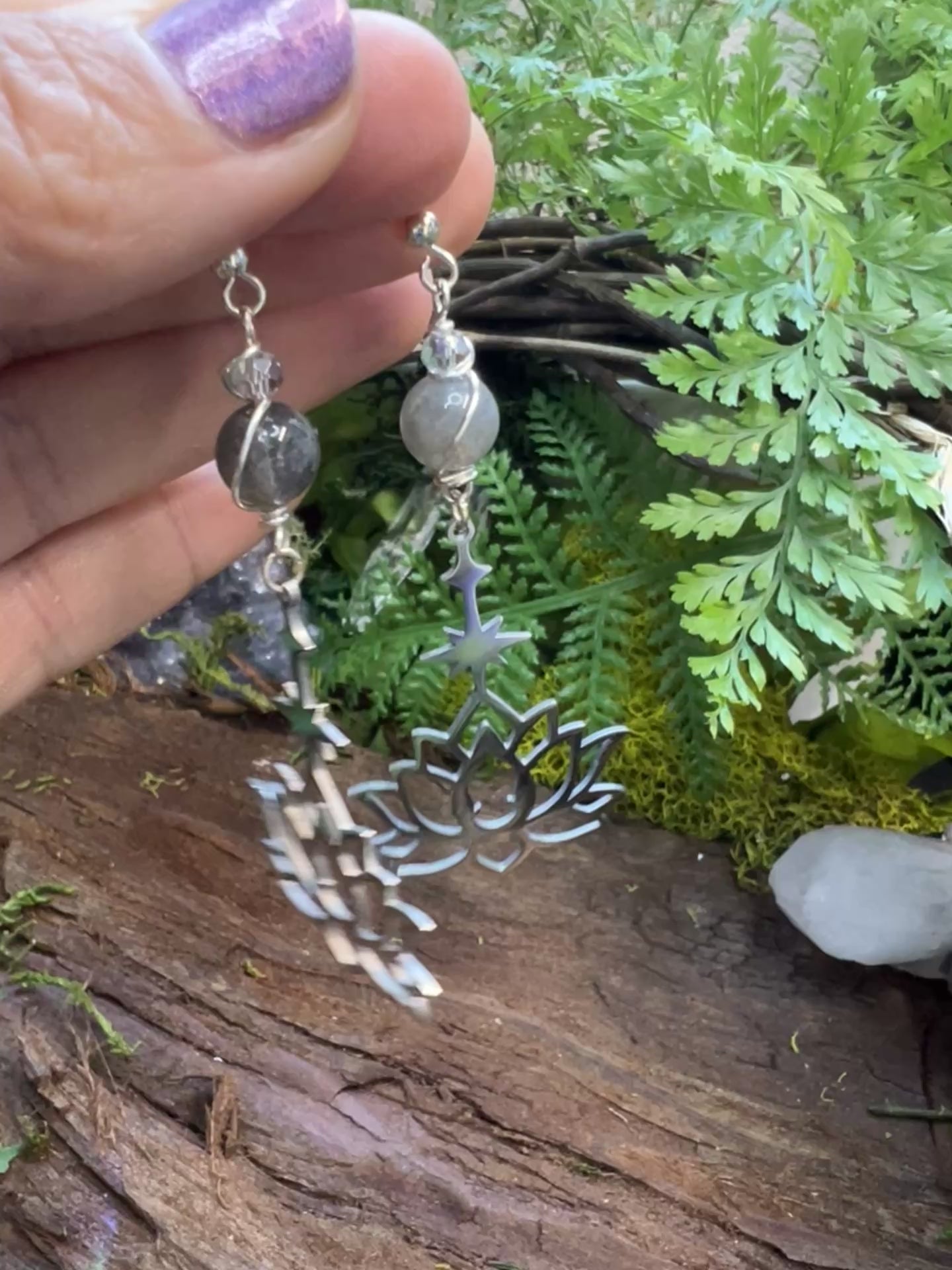 Spiritual transformation earrings with healing stones and lotus symbolism