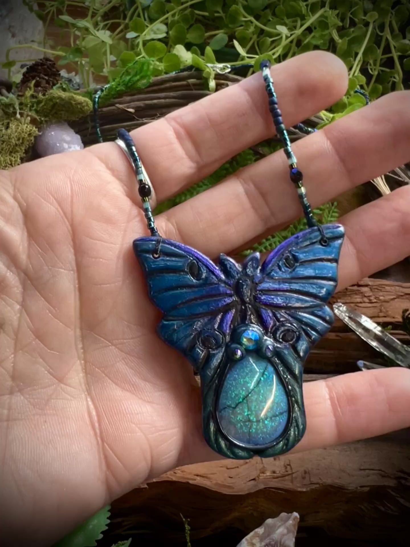 Luna moth statement necklace with bead and crystal detailing