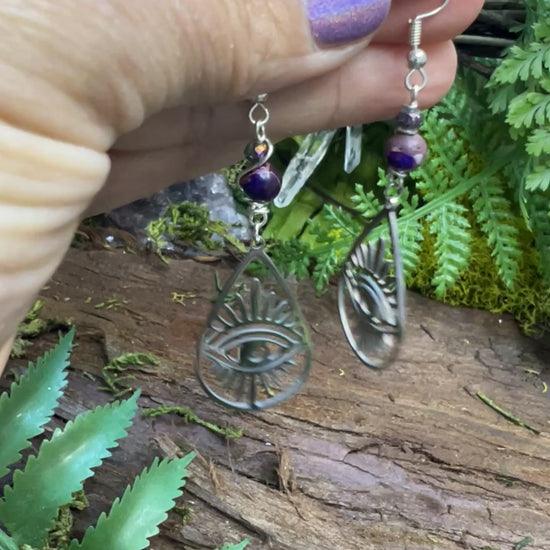 Emotional healing and shielding earrings with jasper, quartz, and symbolic eye charms