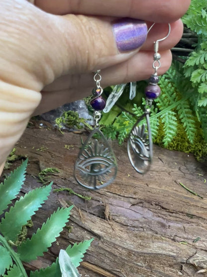 Emotional healing and shielding earrings with jasper, quartz, and symbolic eye charms