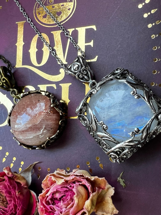 Sunstone and moonstone necklace set with vintage silver filigree